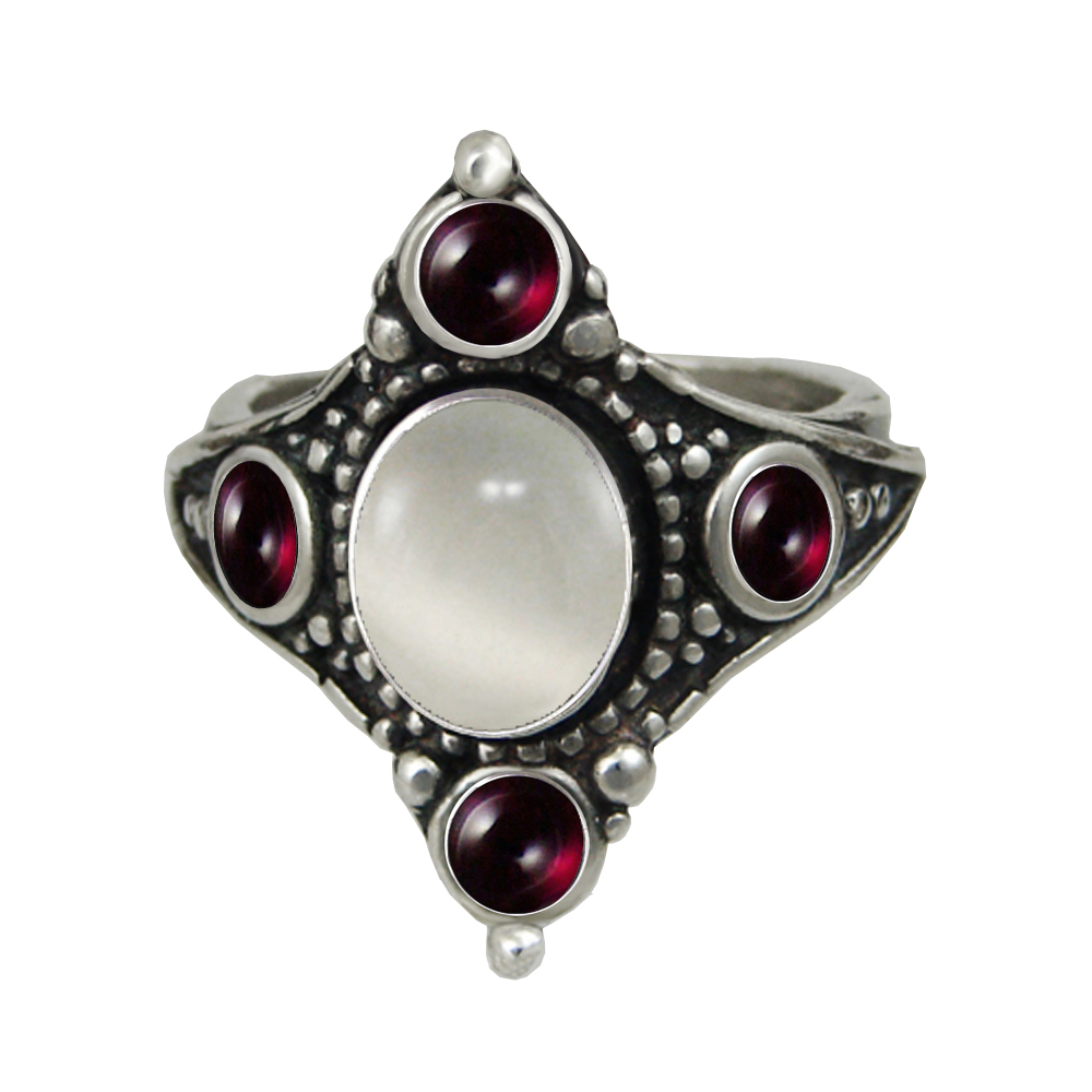 Sterling Silver Renaissance Queen's Ring With White Moonstone And Garnet Size 9